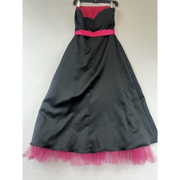Vintage Y2K Formal Maxi Gown 7 Black Hot Pink Belt Goth Vampy Witchy Prom Dress - Picture 2 of 9